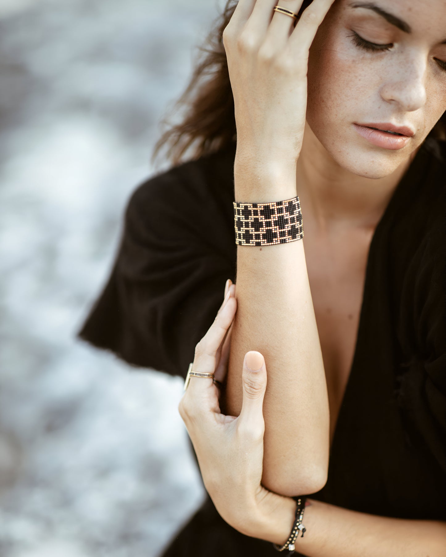 Lady with-black-beaded-bracelets-for women