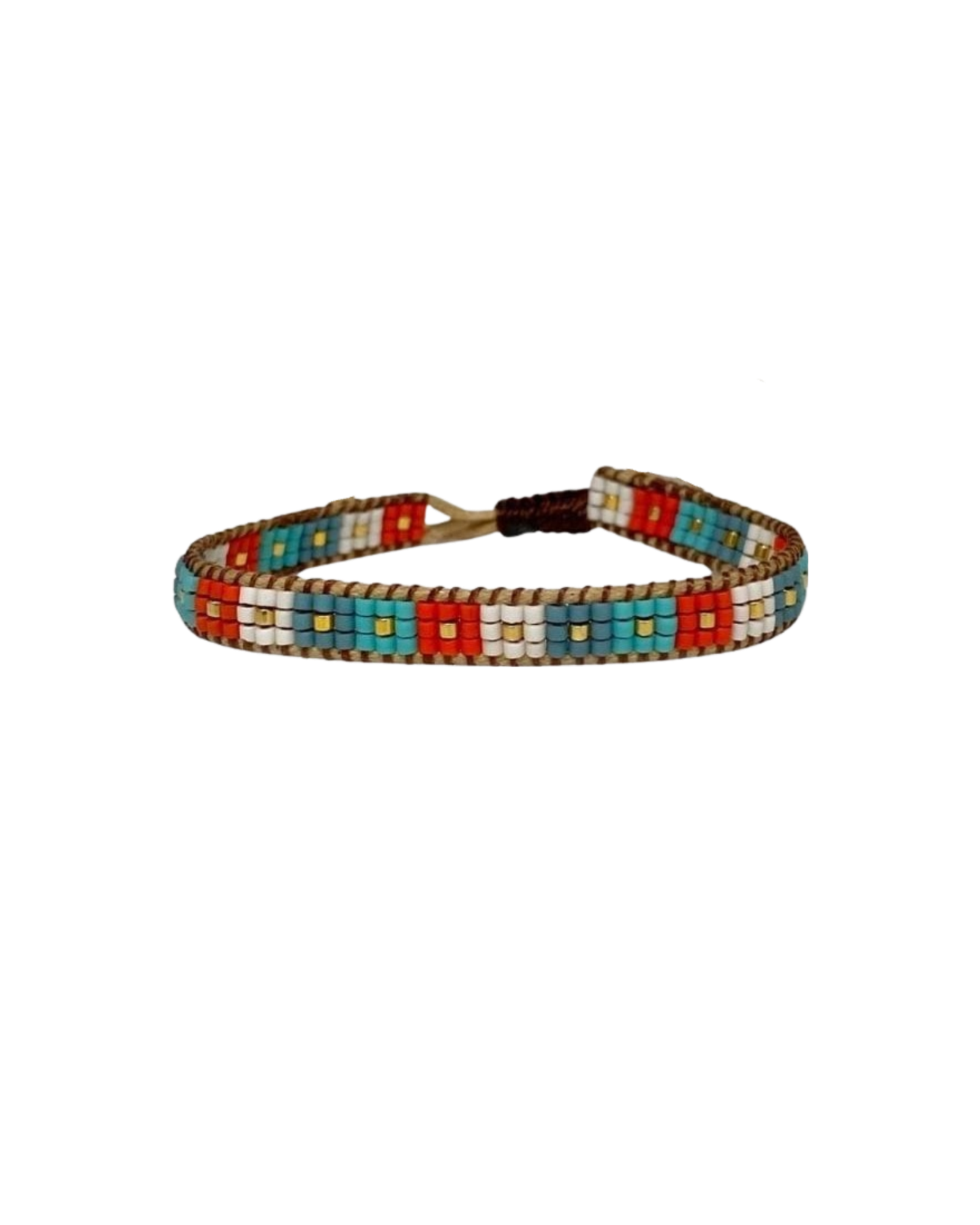 beaded-bracelet with checkered design in coral and turquoise colors